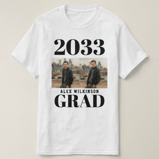 Black Modern Simple Typography 2 Photo Graduation T-Shirt (Design Front)