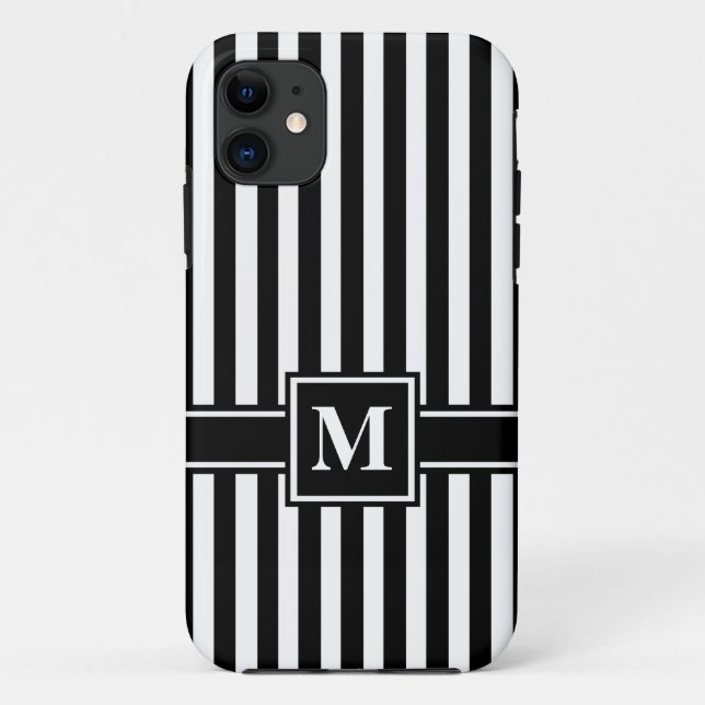 Black Modern Stripe with Monogram Case-Mate iPhone Case (Back)
