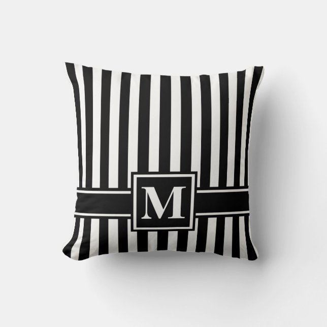 Black Modern Stripe with Monogram Cushion (Front)