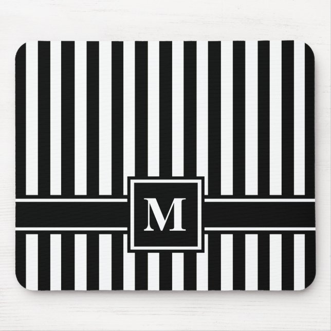 Black Modern Stripe with Monogram Mouse Pad (Front)