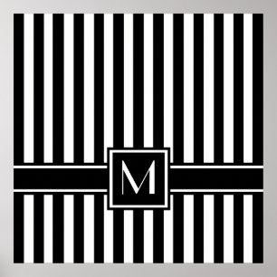 Black Modern Stripe with Monogram Poster