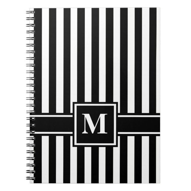 Black Modern Stripe with Monogram Spiral Notebook (Front)