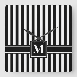 Black Modern Stripe with Monogram Square Wall Clock