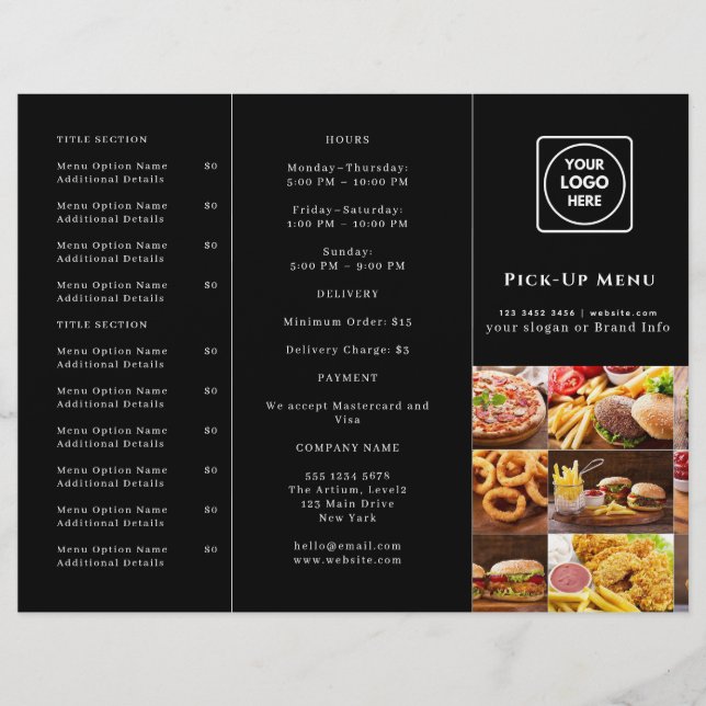 Black Modern Takeout Menu | Custom Restaurant  (Front)