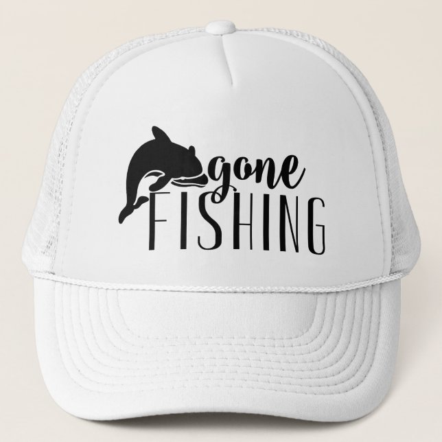 Black Modern Text & Whale-Gone Fishing Trucker Hat (Front)