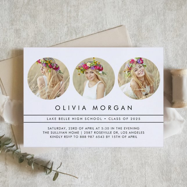 Black Modern Three Photo Collage Graduation Invitation (Customizable three-photo collage graduation invitation. )