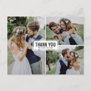 Black Modern Three Photo Collage Wedding Thank You Postcard