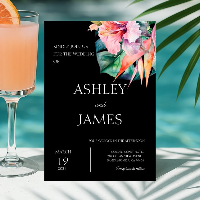 Black Modern Tropical Flowers Greenery Wedding Invitation (Modern Tropical Flowers Greenery Wedding Invitation)