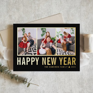 Black Modern Typography Photo Collage New Year Foil Holiday Card