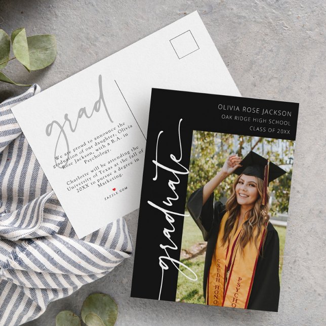 Black Modern Typography Photo Graduation Announcement Postcard (Creator Uploaded)