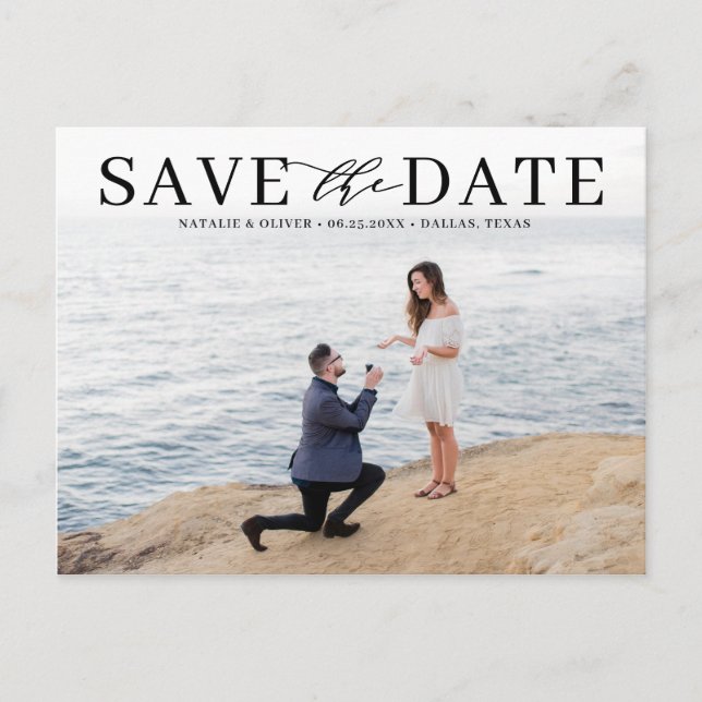 Black Modern Typography Photo Save the Date Announcement Postcard (Front)