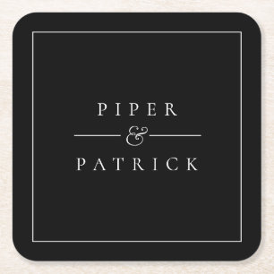 Black Modern Wedding Couple Names Square Paper Coaster