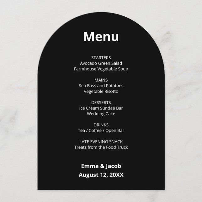 Black Modern Wedding Menu Card (Front)