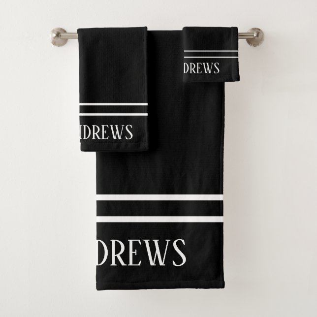 Black Modern White Stripes Monogrammed Name Custom Bath Towel Set (Insitu)