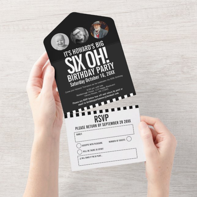 Black mono photo circles stripes 60th Birthday All In One Invitation (Tearaway)
