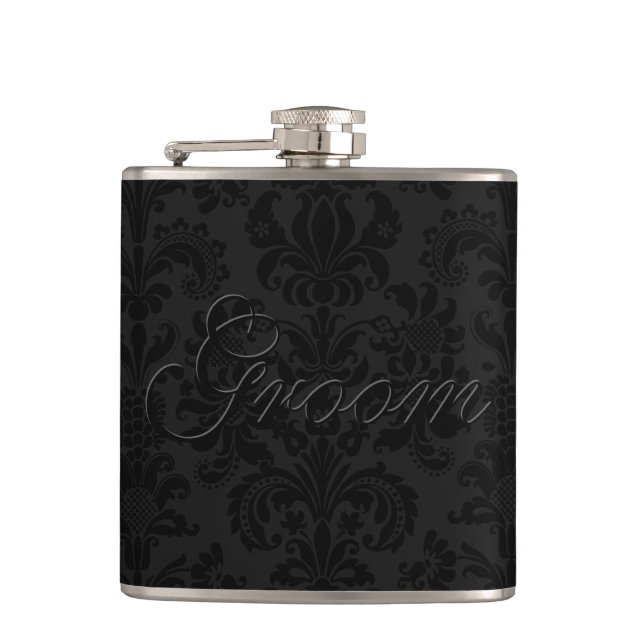 Black Monochromatic Floral Damasks Monogram Hip Flask (Front)