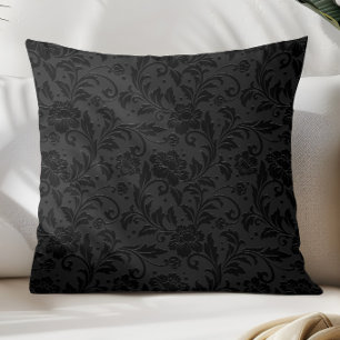 Black Monochromatic Vintage Damask Pattern Cushion