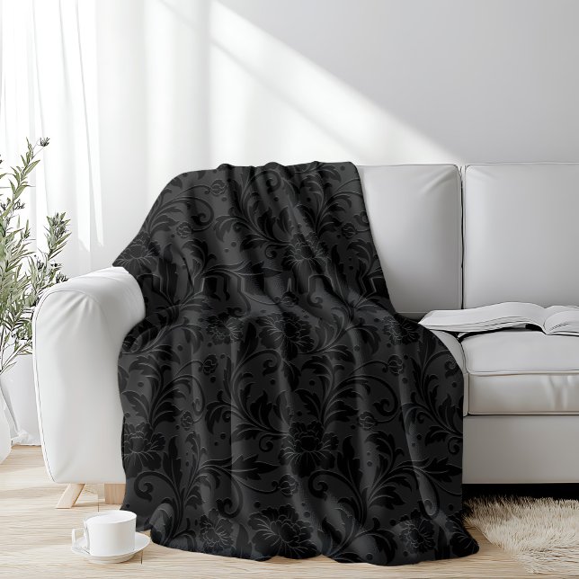 Black Monochromatic Vintage Damask Pattern Fleece Blanket (Creator Uploaded)