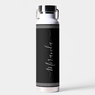 Black Monochrome Modern Script Custom Name Border  Water Bottle
