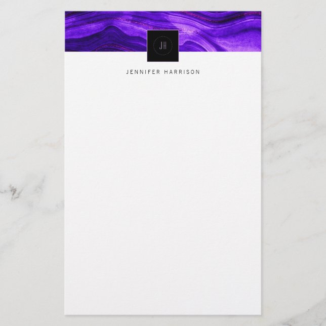 Black Monogram Abstract Geode Dark Purple Agate Stationery (Front)