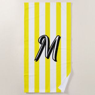 Black Monogram Bright Yellow White Summer Stripes Beach Towel