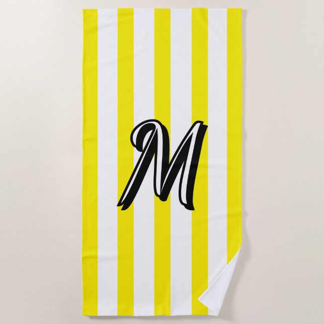 Black Monogram Bright Yellow White Summer Stripes Beach Towel (Front)
