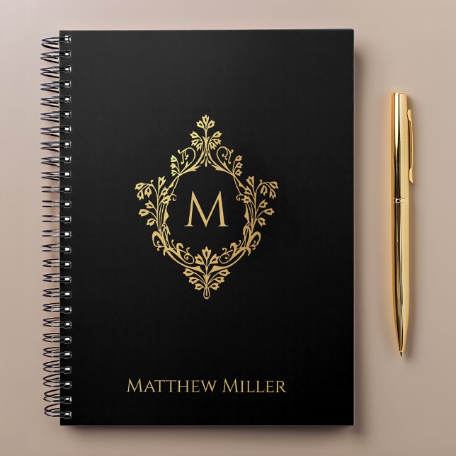 Black Monogram Elegant Ornate Faux Gold Crest Name Notebook (Creator Uploaded)