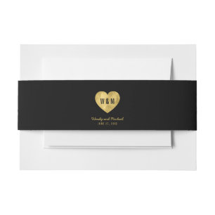 Black Monogram Faux Gold Heart Wedding Invitation Belly Band