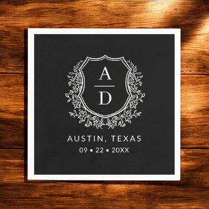 Black Monogram Floral Wedding Crest Napkin