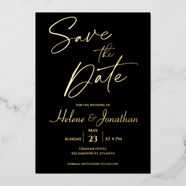Black Monogram Gold Foil Save The Date Invitation  (Front)