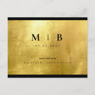 Black Monogram & Gold Sleek Save the Date Announcement Postcard