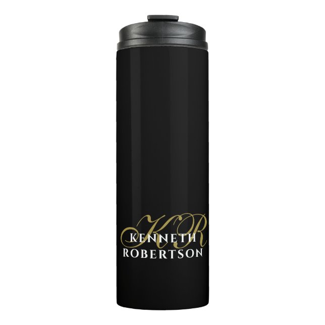 Black Monogram Gold White Minimalist Elegant Men  Thermal Tumbler (Front)