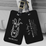 Black Monogram Golf Bag Luggage Tag<br><div class="desc">This elegant monogram golf bag or luggage tag features a bold black background with crisp white fonts and artwork. The simple outlined golf bag filled with clubs is drawn in white for a clean, striking contrast. A classic serif font initial monogram is placed on the bag, with the full name...</div>