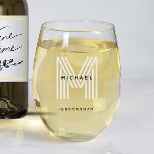 Black Monogram Groomsman Wedding Bachelor Party Stemless Wine Glass