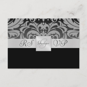 Black Monogram Half Damask RSVP Reply Invitation