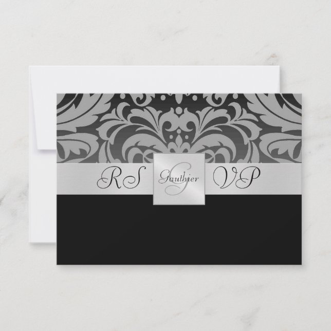 Black Monogram Half Damask RSVP Reply Invitation (Front)