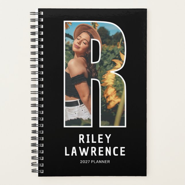 Black Monogram Initial 'R' Photo Planner (Front)
