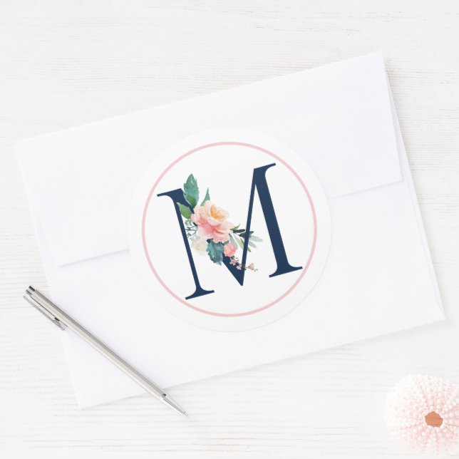 Black Monogram Letter M with Pink Flower Classic Round Sticker (Envelope)