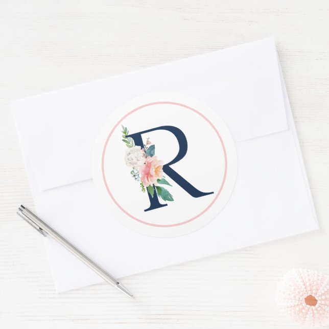 Black Monogram Letter R with Pink Flower Classic Round Sticker (Envelope)