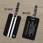 Black Monogram Luggage Tag with White Stripes<br><div class="desc">Getting ready to travel and looking for a black luggage tag? This tags for you. Featuring a black stripe down the centre with two white stripes beside it and black on the side this black luggage tag is a classic design with a modern touch. In addition, it can be customised...</div>