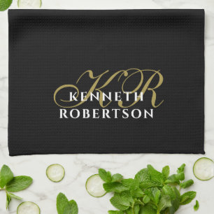 Black Monogram Minimalist Gold White Elegant Men  Tea Towel
