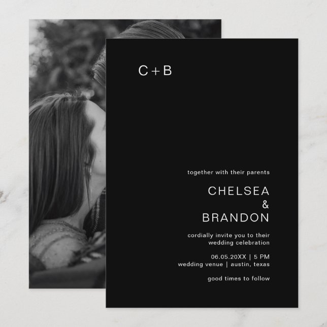 Black Monogram Modern Wedding Invitation (Front/Back)