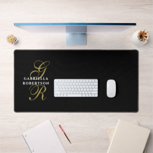 Black Monogram Name Gold White Minimalist Elegant Desk Mat