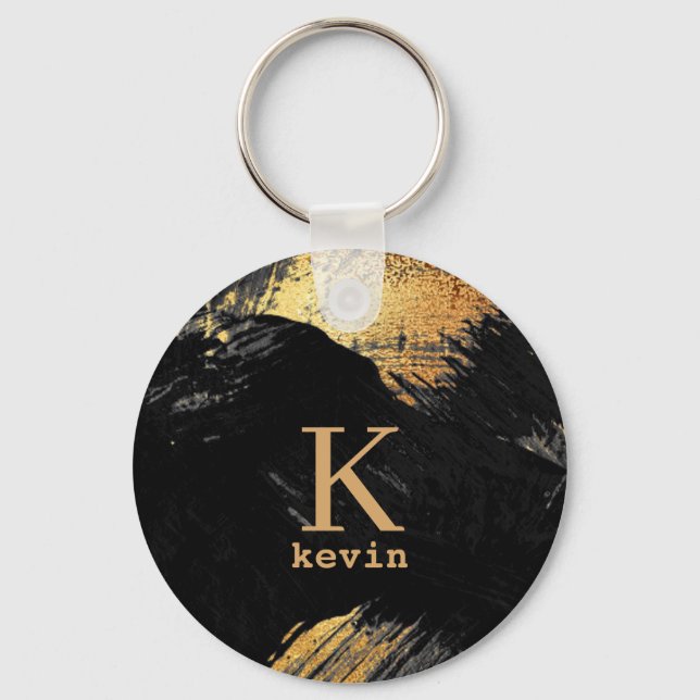 Black monogram name personalized elegant modern key ring (Front)