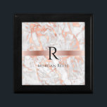 Black Monogram & Name, White & Rose Gold Marble Gift Box<br><div class="desc">An elegant design to personalise with black name and large black monogram on rose gold band over white and rose gold marble.</div>