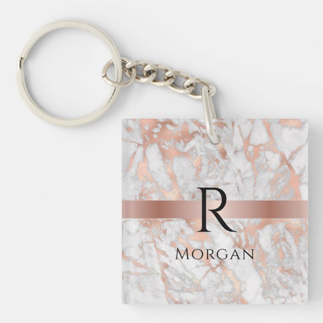 Black Monogram & Name, White & Rose Gold Marble Key Ring (Front)