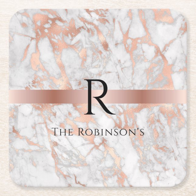 Black Monogram & Name, White & Rose Gold Marble Square Paper Coaster (Front)