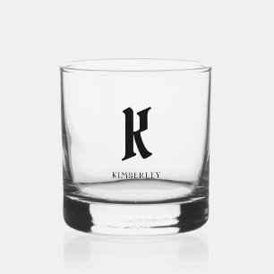 Black Monogram, old style letter typography Whiskey Glass