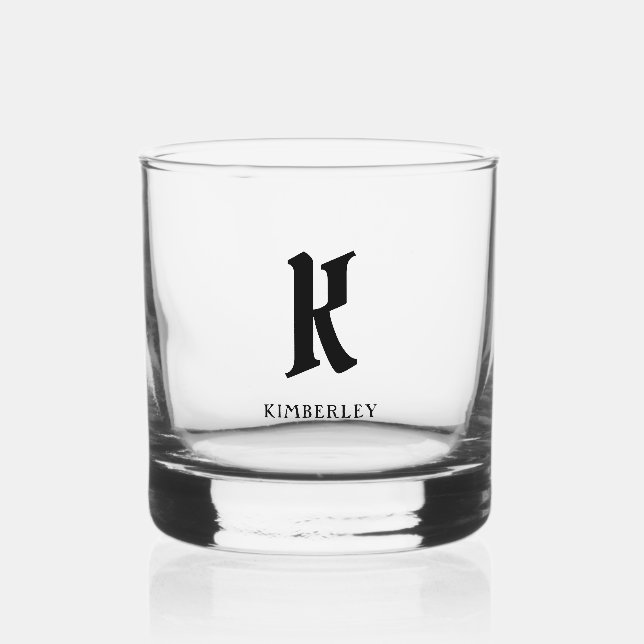 Black Monogram, old style letter typography Whiskey Glass (Front)