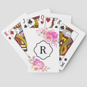 Black Monogram on Bold Pink Watercolor Bouquets Playing Cards